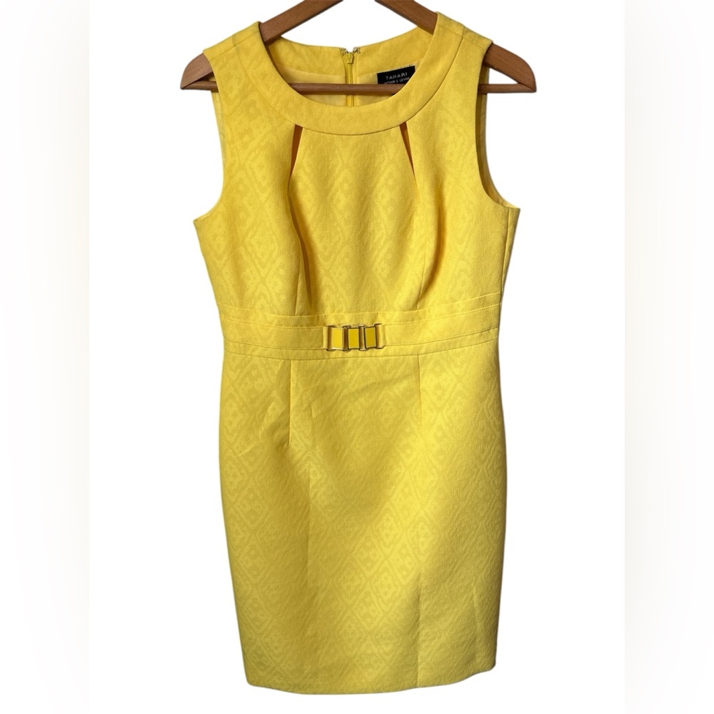 TAHARI Women's Textured Yellow Sleeveless Midi Dress Faux Belt Lined 8 career
